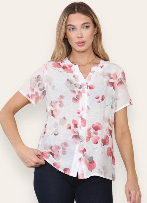 Red Leaf Print Linen Feel Blouse